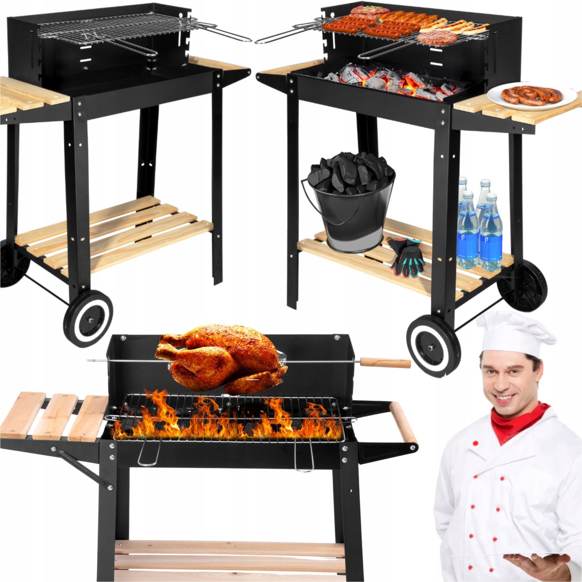 Merkloos Koolgrill met Wielen, Plank en Spit - Draagbaar