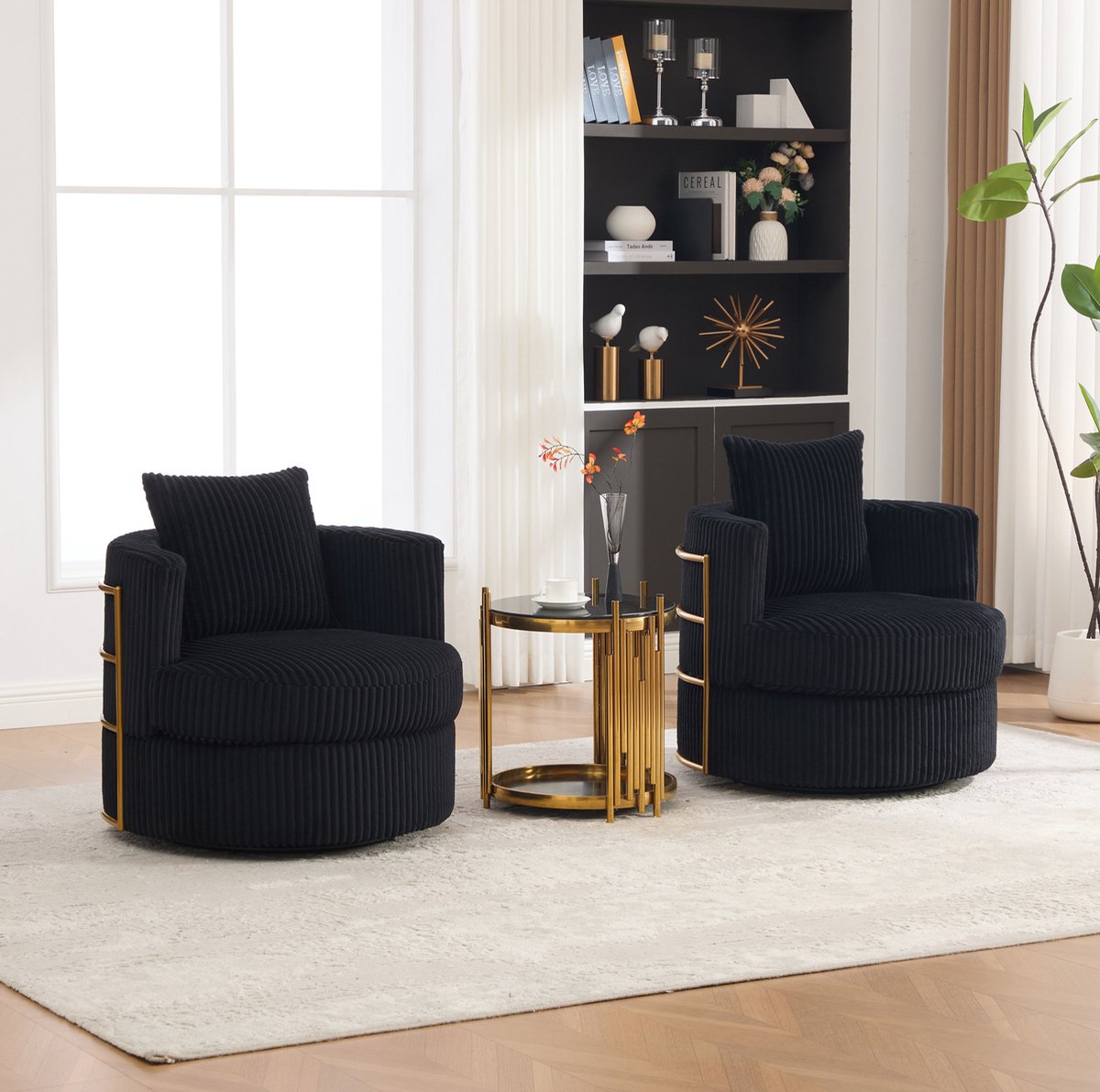 MIVRAY Fauteuil - Draaibare Relaxstoel - Tweedelige Set - Met Armleuningen En Opbergruimte - Voor Woonkamer En Slaapkamer - Zwarte Cordstof
