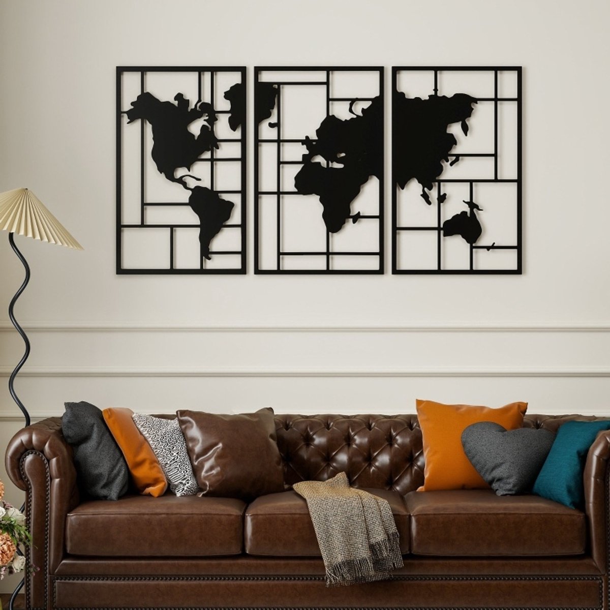 Wandpaneel Moderne Wereldkaart 3-delig 150 x 80 cm Metaal Zwart Voor Woonkamer, Slaapkamer En Hal
