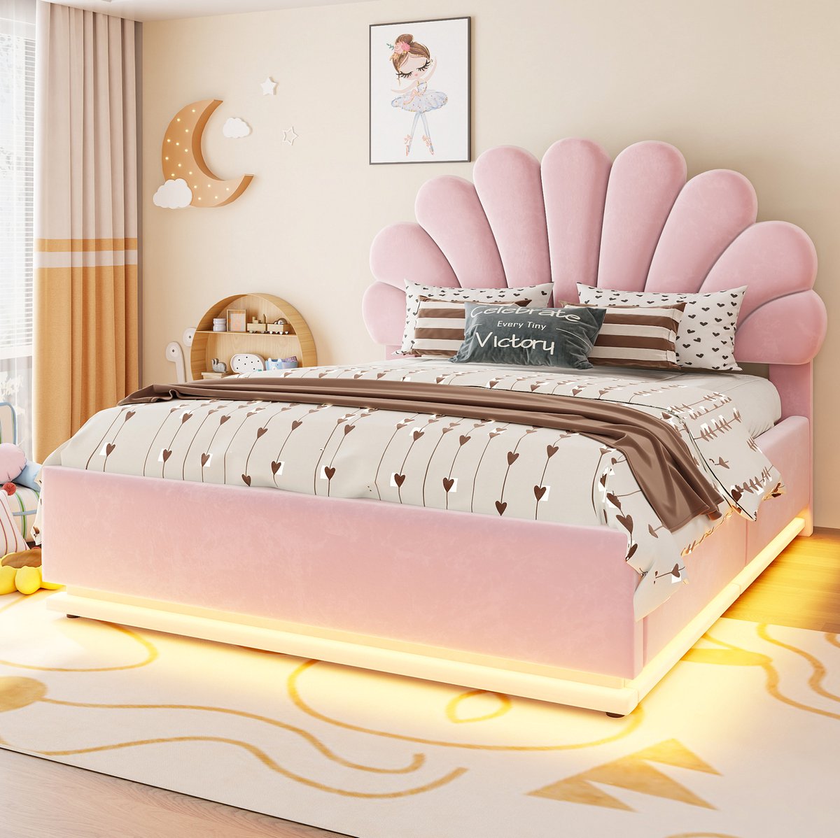 OKWISH Gestoffeerd Bed 140x200 cm - Bloemvormig Hoofdbord Met Ledverlichting - Hydraulische Opbergruimte - Tweepersoons - Stof - Roze - Zonder Matras