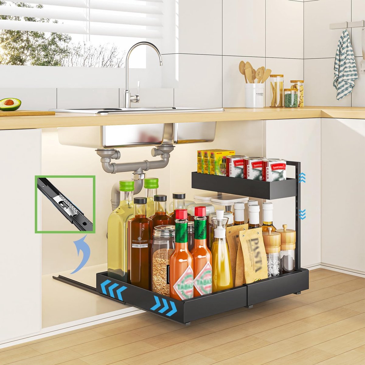 Opbergrek onder de gootsteen - 2-laags uitschuifbaar - zwart - efficiënt opbergen in keuken of badkamer - ShopVlot