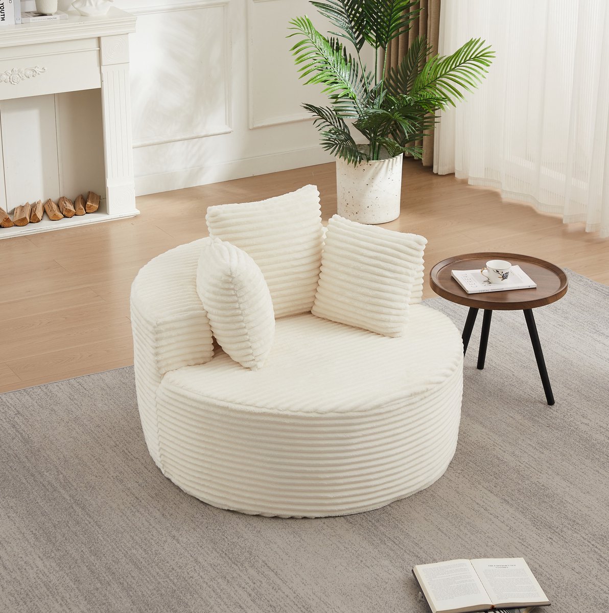 STILVORA Fauteuil Rond 110 Cm Met 3 Sierkussens En Brede Armleuningen Voor Woonkamer Slaapkamer En Speelhoek Ribstof Beige