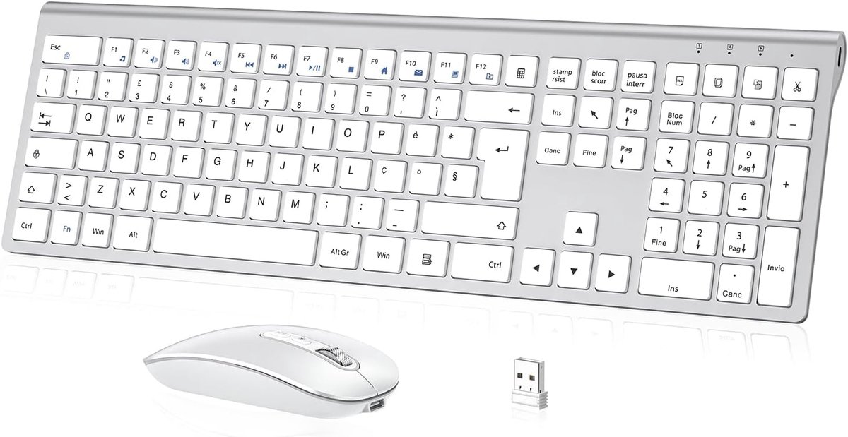 SnelShoppen - Draadloos Toetsenbord en Muis Set - Ergonomisch, Oplaadbaar, 2.4G, Italiaans QWERTY, Ultra Dun, Voor Computer/Laptop/PC/Windows 10/8/7 -