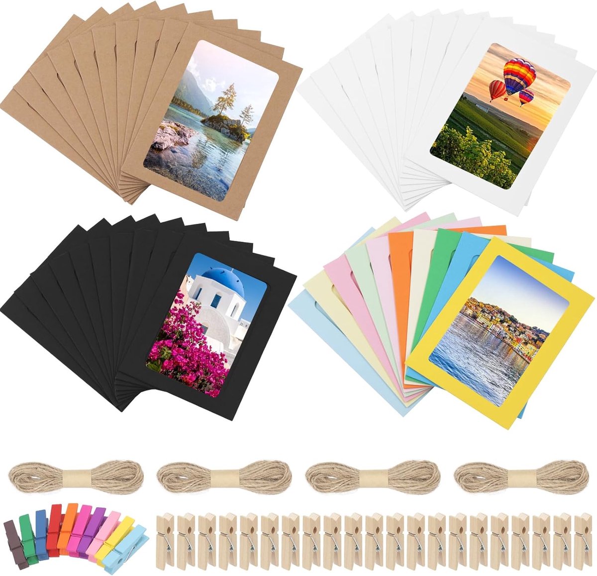 Papieren fotolijsten set 5 inch - kleurige en khaki varianten - inclusief clips en touw - ShopVlot