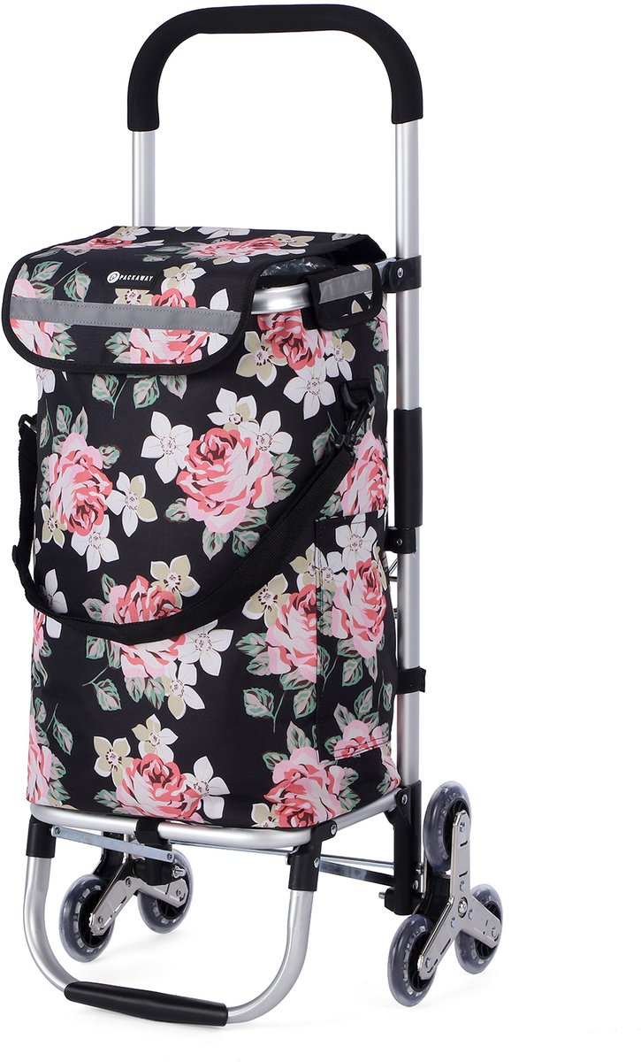 Packaway Boodschappentrolley met Trapwielen 40 Liter - Opvouwbare Boodschappenwagen met ruim Koelvak - Black Flower