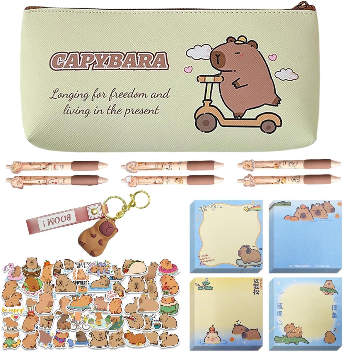 pennenzak met 6 pennen - lichtgroen - schattige capybara stickers - perfect voor schoolmateriaal - ShopVlot