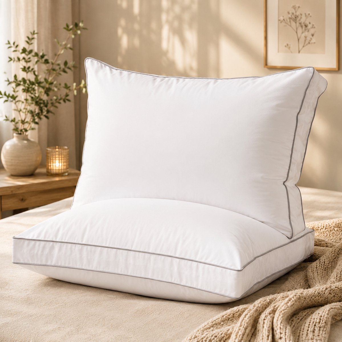 Sleep Comfy Boxkussen Set van 2 - 50x60x10 cm Hoofdkussen Hotelkwaliteit met 100% Katoenen Tijk, Orthopedisch & Ergonomisch Kussen voor Nek- en Rugklachten, Verstelbare Vulling