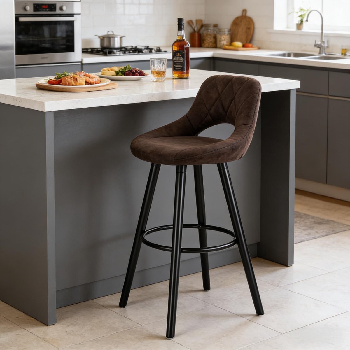 DESMIU Barkruk 96 Cm Met Rugleuning En Voetsteun Voor Keuken Bar En Eetruimte Stoffen Zitting Donkerbruin Houten Poten