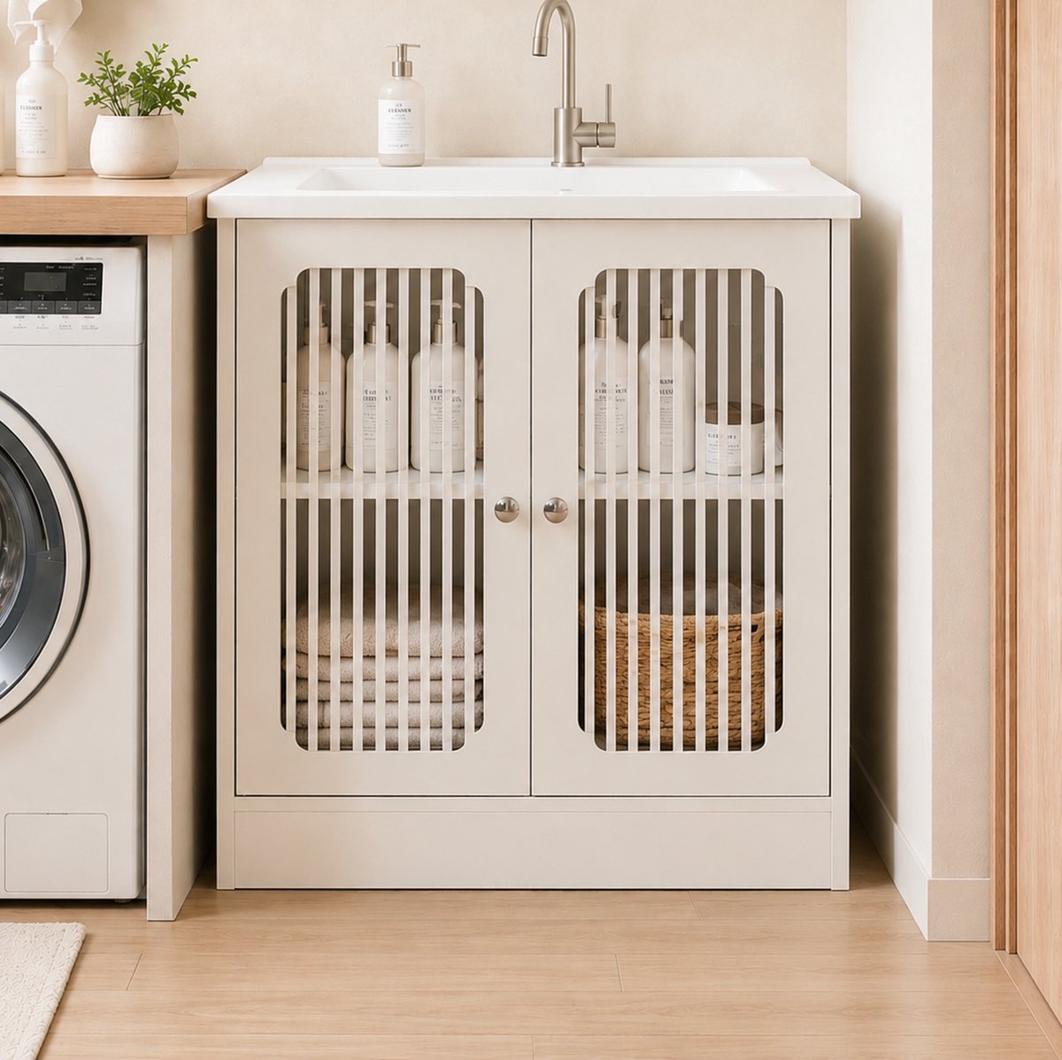 OKWISH Badkamerkast - Staand Onder Wasbak - Dubbeldeur Met Lamellenfront - Opbergruimte Voor Badkamer - Wit - 60x30x60 cm