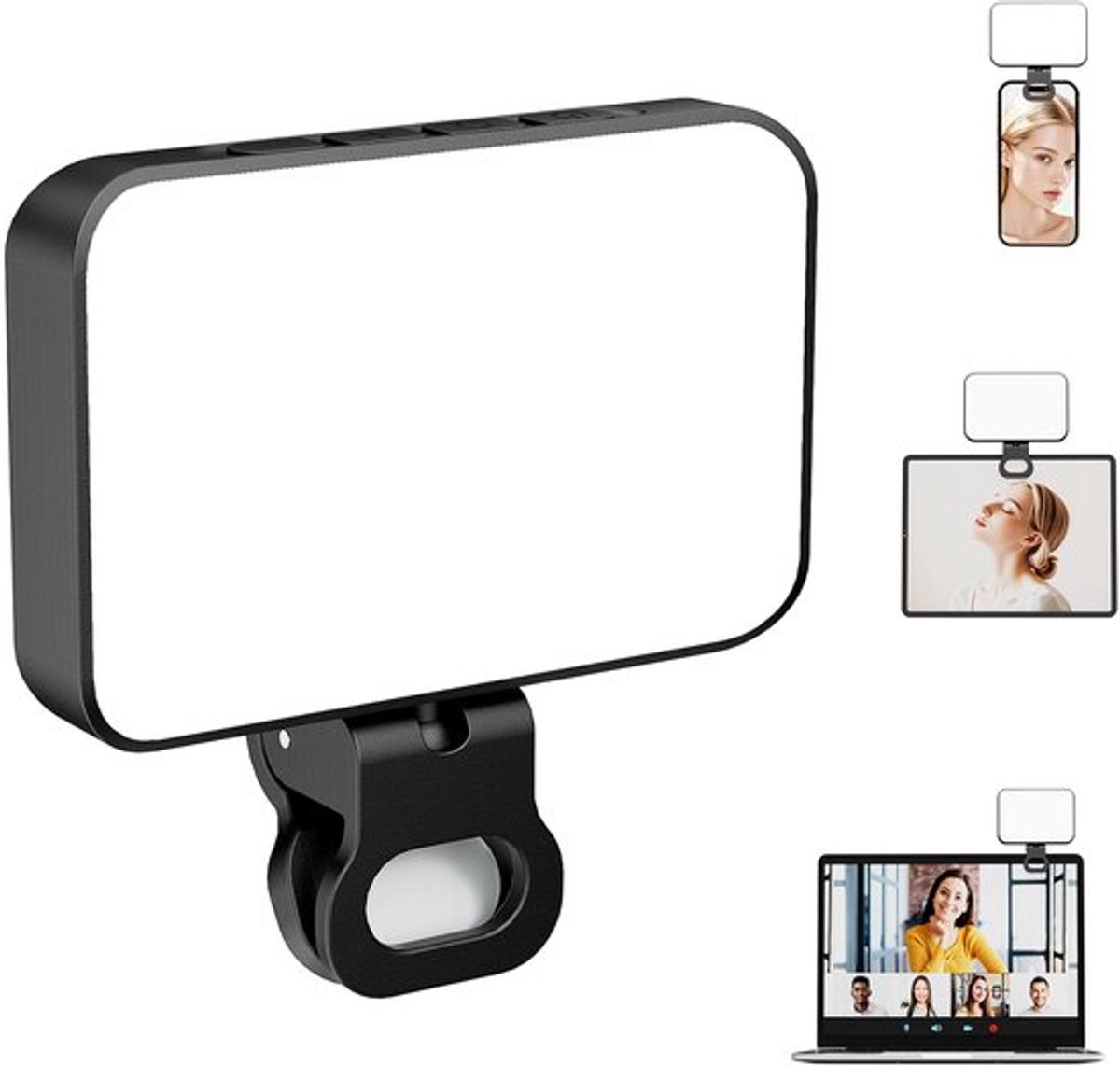 Draagbare selfielamp, 3 standen, 10 helderheidsniveaus, oplaadbare batterij van 2000 mAh, elektronisch digitaal display, geschikt voor mobiele telefoons, iPads en laptops - Zwart
