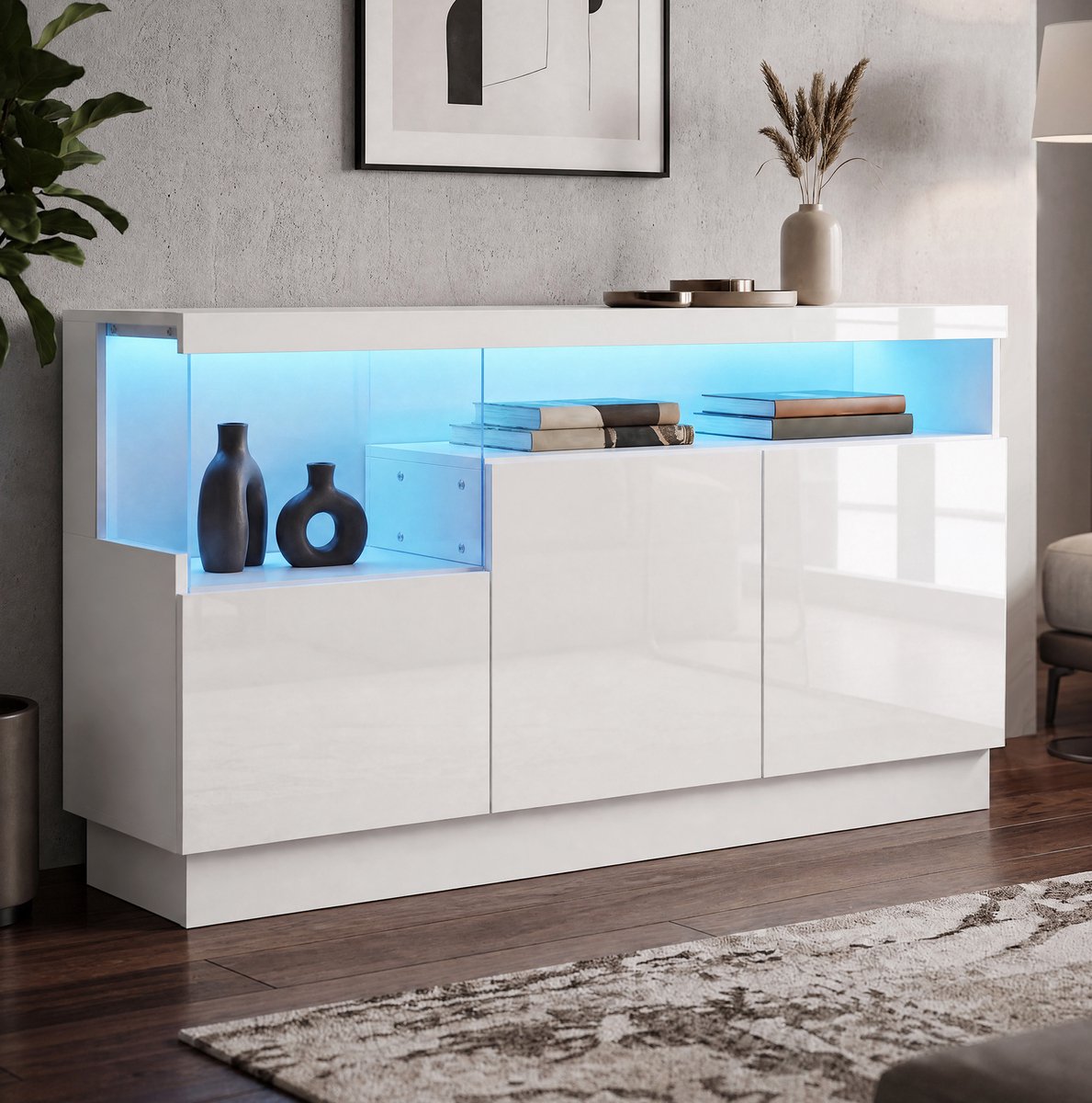 Dressoir - Hoogglans Fronten Met LED-Verlichting En Acryl Displayvak - Voor Woonkamer - Wit - 140x36x80 Cm