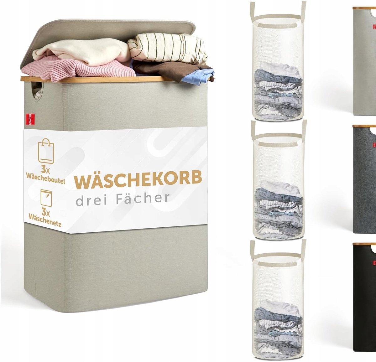 Merkloos Stijlvolle Bamboe Wasmand met 3 Afneembare Jute Zakken - 150L