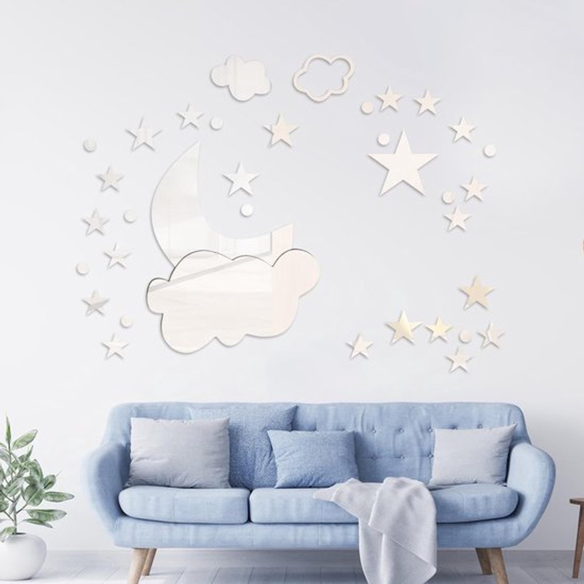 36st Acryl Spiegel Muurstickers, Zilver Wolk Maan Ster Spiegel Muurstickers 3D Acryl Spiegel Stickers Sterren en Maan Muursticker voor Thuis Kantoor Klaslokaal Decoratie