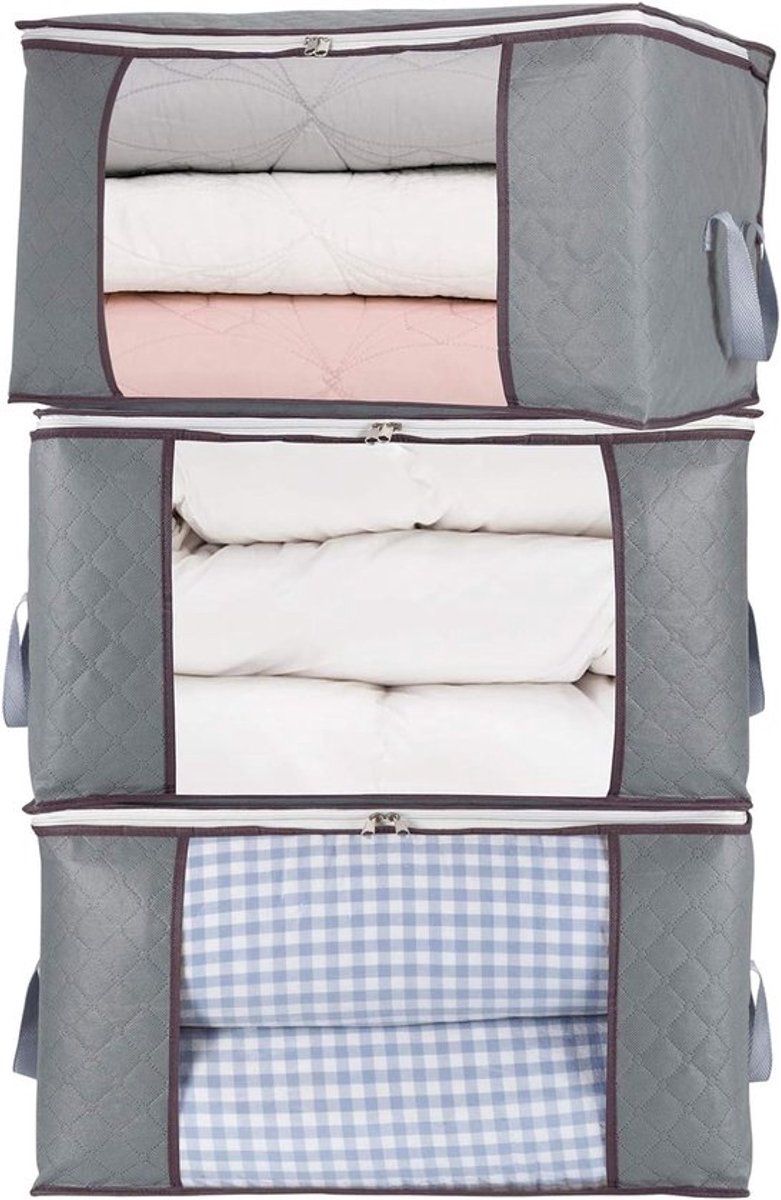 Set van 3 extra grote opbergtassen met rits - Opbergtassen - met groot transparant venster - Handgrepen - Voordelig - Ideaal voor het opbergen van dekbedden, kussens, quilts, beddengoed, kleding, dekens en meer - Grijs - 60×40×35 cm