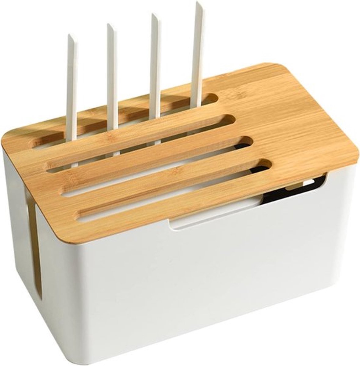 Kabelmanagementbox met Houten Deksel en Plank - 31 x 18 x 16,5 cm - Witte Kunststof Kabelkast voor Bureau