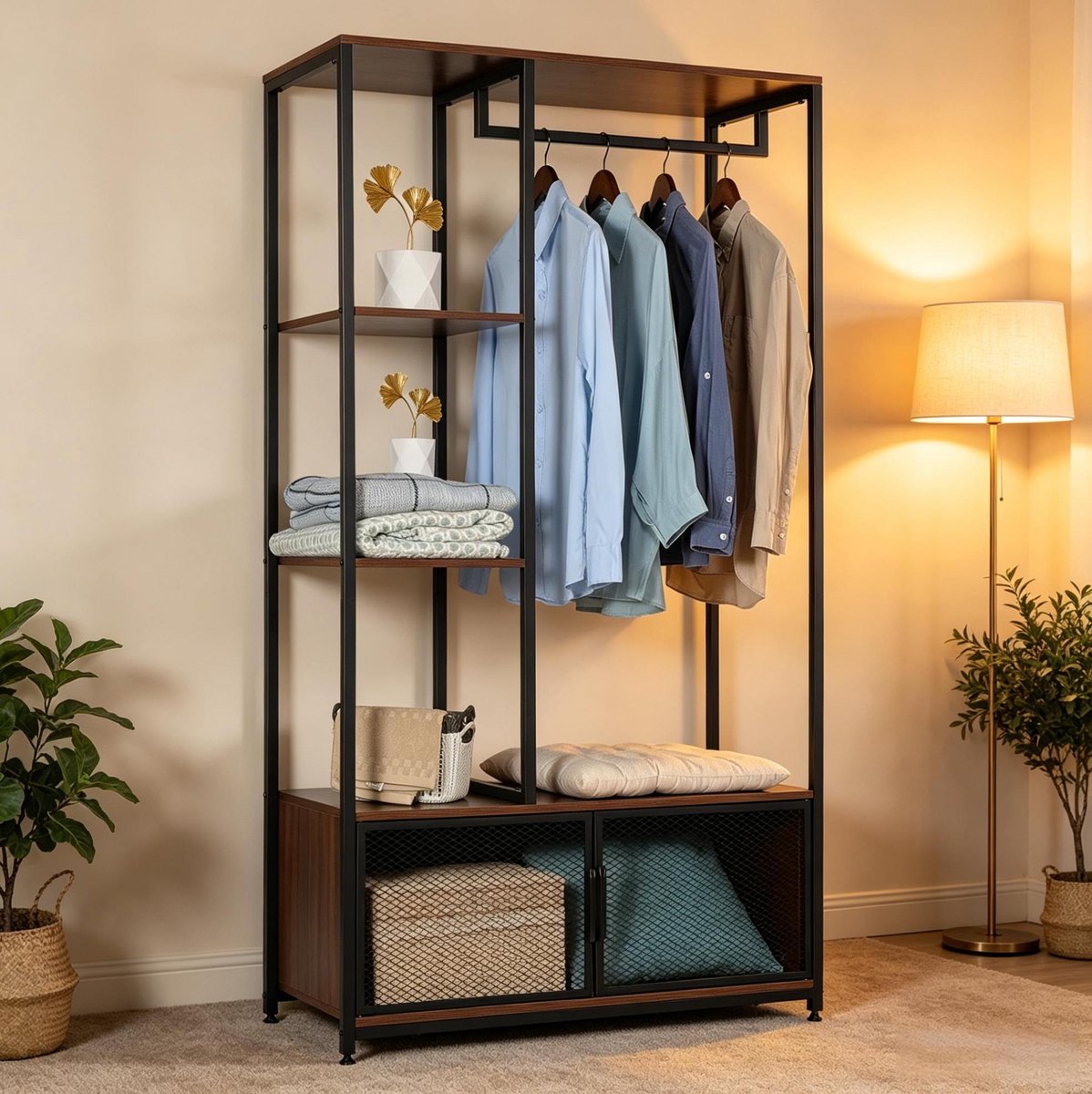 Kledingrek Met Legplanken En Kledingstang – 90 x 40 x 167 cm – Metaal En MDF – Zwart – Open Opbergrek Voor Slaapkamer En Hal