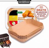 Verpakking van 200 stuks vierkant XL/XXL airfryer bakpapier (20-23cm) van Centumprocent. Afbeeldingen van airfryer met frietjes en kip, en een stapel bakpapiertjes. Tekst: GRATIS 50 AIRFRYER RECEPTEN E-BOOK.