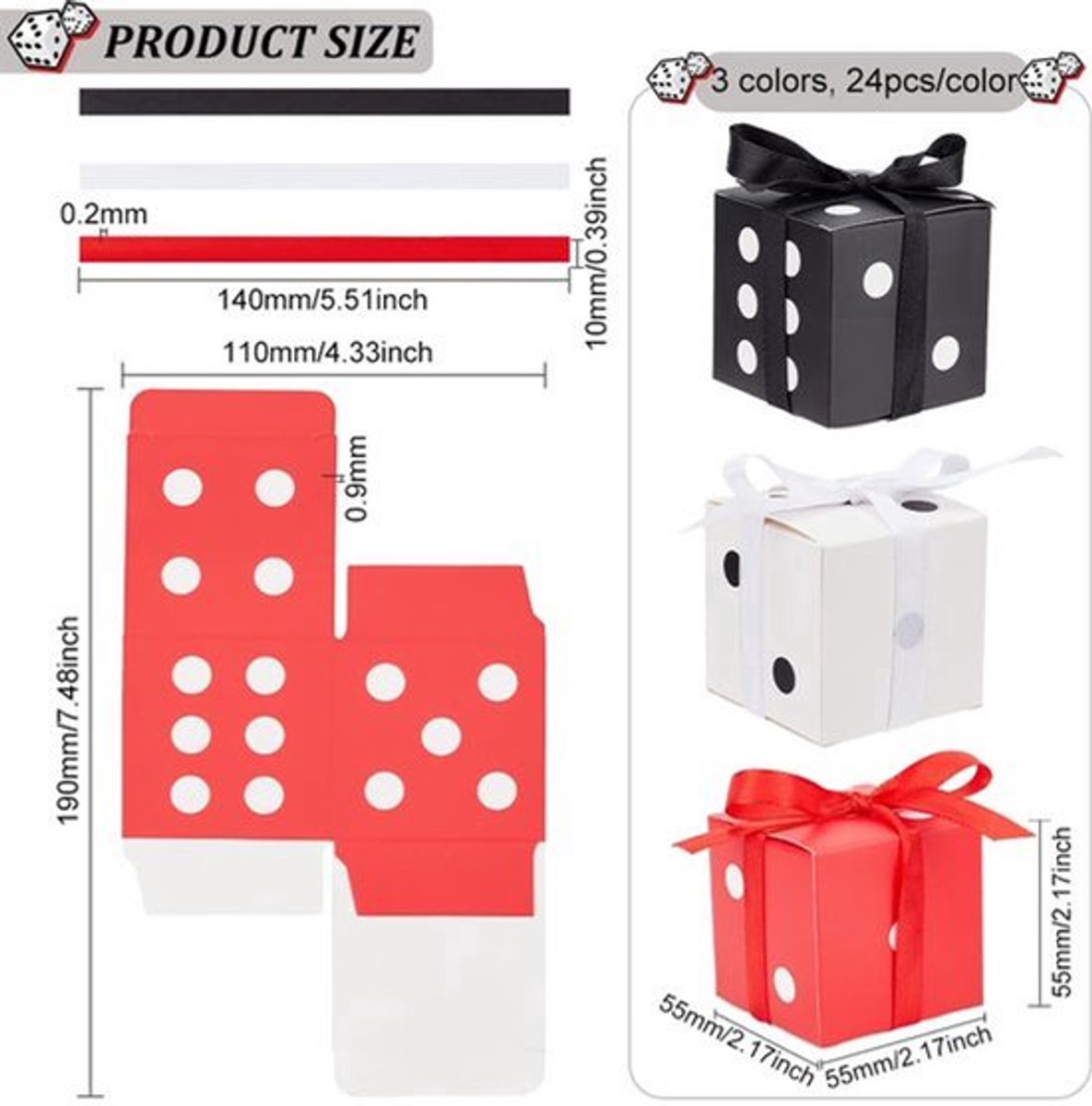 72 Sets Dobbelstenen Geschenkdozen - Vierkant 5,5 x 5,5 cm - Rood, Zwart en Wit met Strik