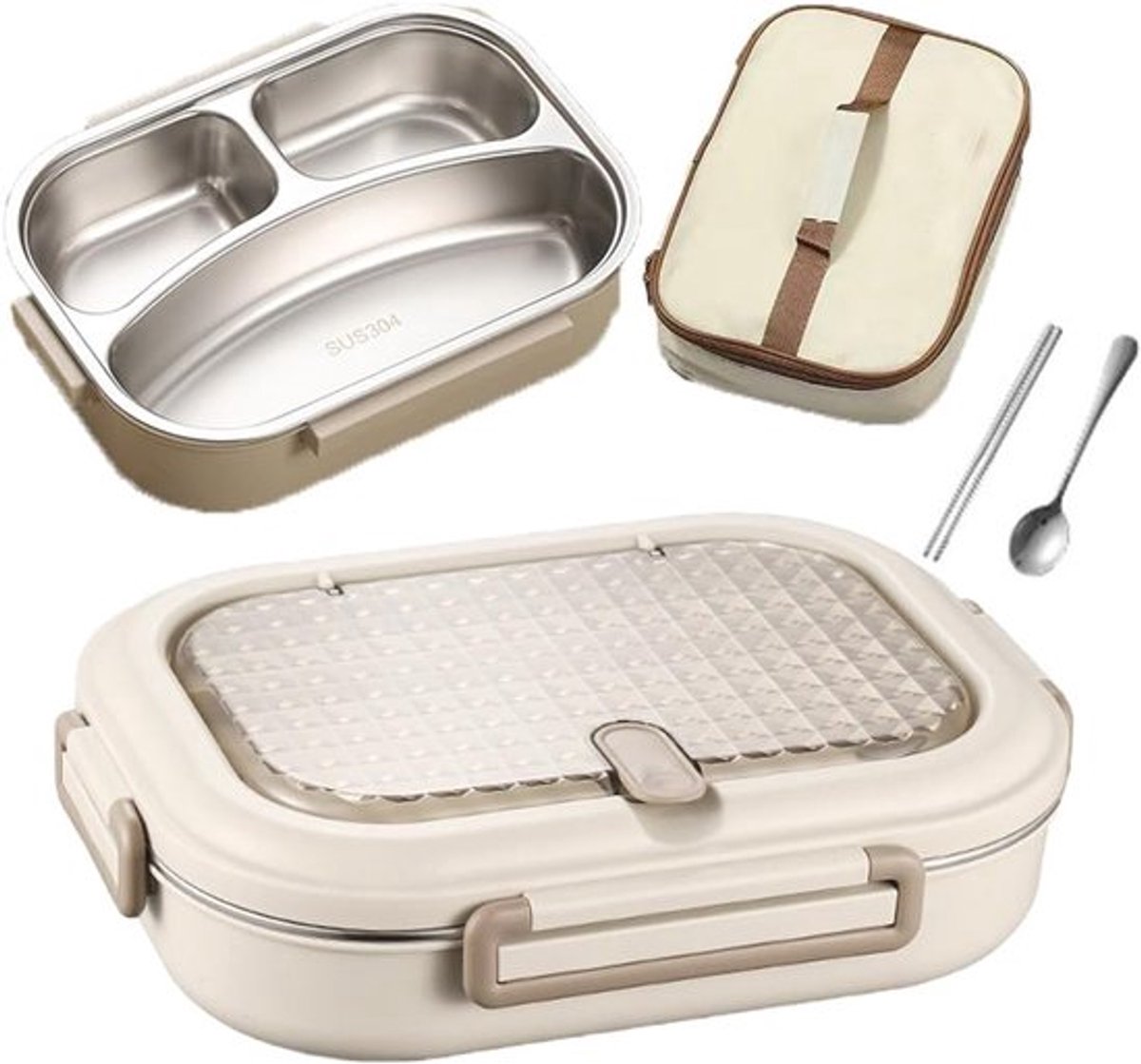 Lunchbox volwassenen-lunchbox kinderen-lunchbox rvs-Geïsoleerde lunchbox voor volwassenen Vierkante lunchbox van roestvrij staal van voedingskwaliteit - Grote inhoud, verzegeld - 1000 ml - Wit - 3 compartimenten