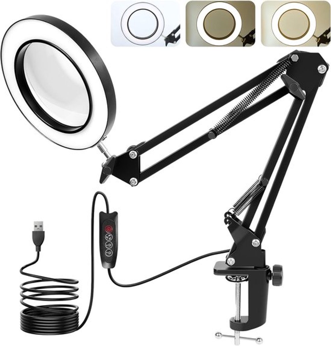 Loeplamp met led verlichting-staande loeplamp met verlichting-Bureaulamp met ingebouwd vergrootglas - 10x vergrootglaslamp - ondersteunt 3 kleurmodi en 10 dimniveaus - zwart