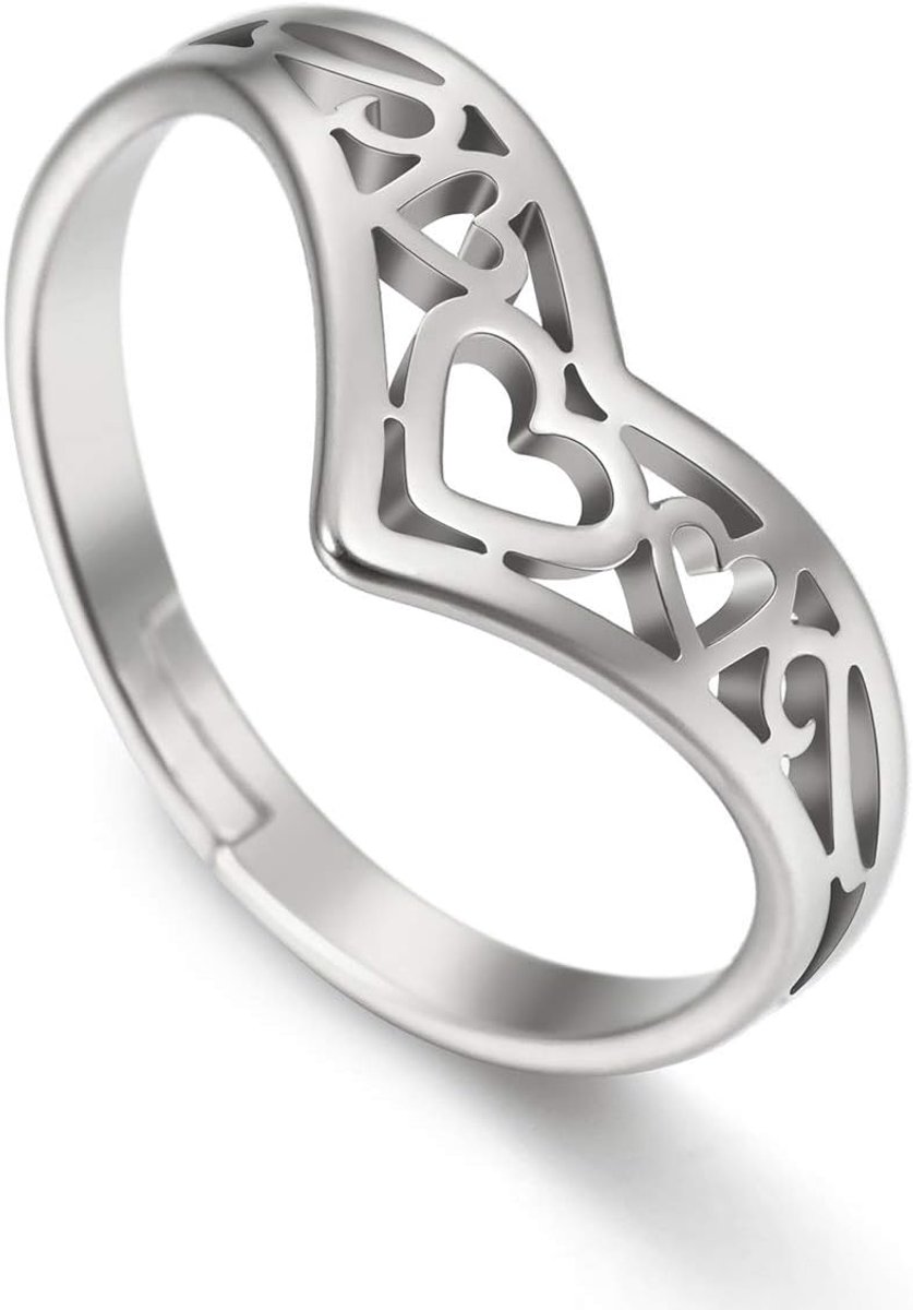 Keltische Rvs Hart Ring Kroon Vormige Verstelbare Wishbone Ring voor Vrouwen