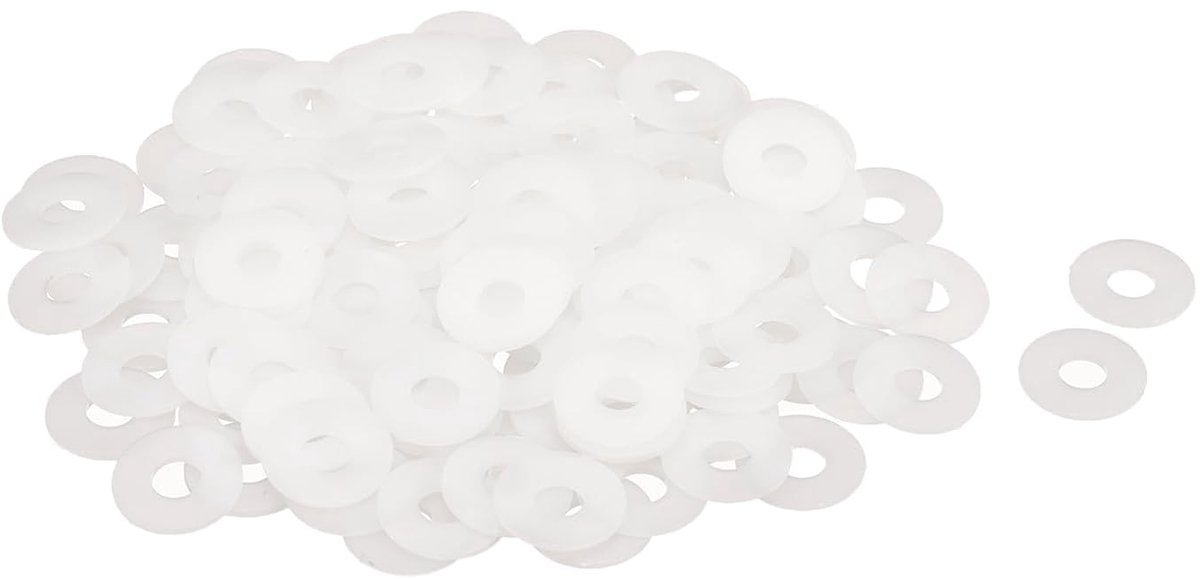 Platte sluitringen van nylon, M6, 6 mm, diameter 16 mm, dikte 1 mm, gladde sluitringen van kunststof, voor kunststof plaatafdichtingen, wit, 120 stuks