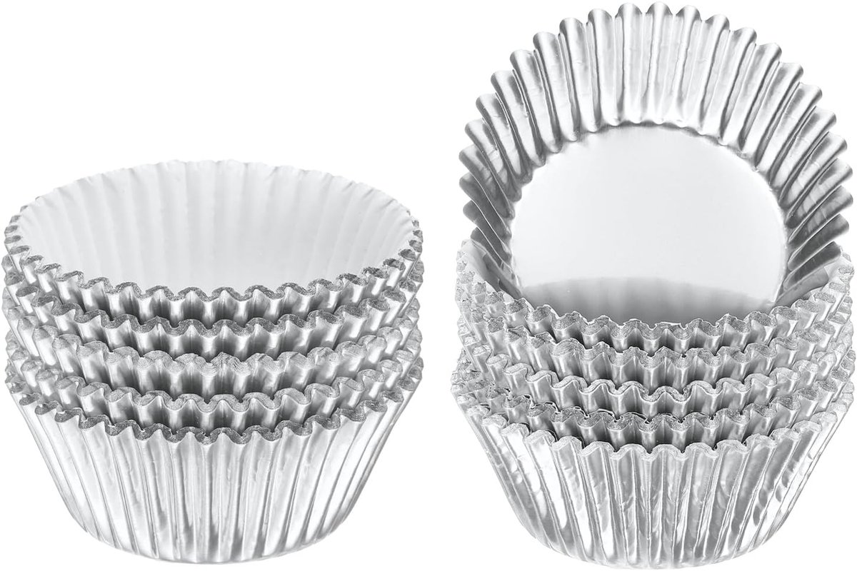 100 stuks zilveren pannenkoekenvormpjes van aluminium, cupcake-vormpjes van metaal, standaardformaat, antiaanbaklaag, voor feestjes, bruiloften, verjaardagen