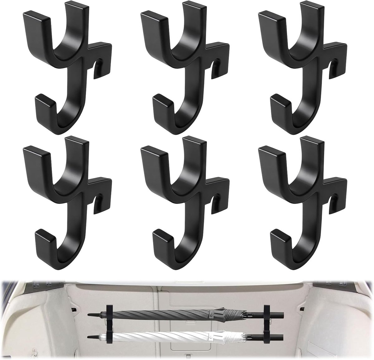 6 stuks, parapluhouder voor de auto, dubbele haak, kofferbak parapluhouder, universeel en draagbaar, ruimtebesparend, geschikt voor autostoelen, kinderwagens, rolstoelen, vrachtwagens