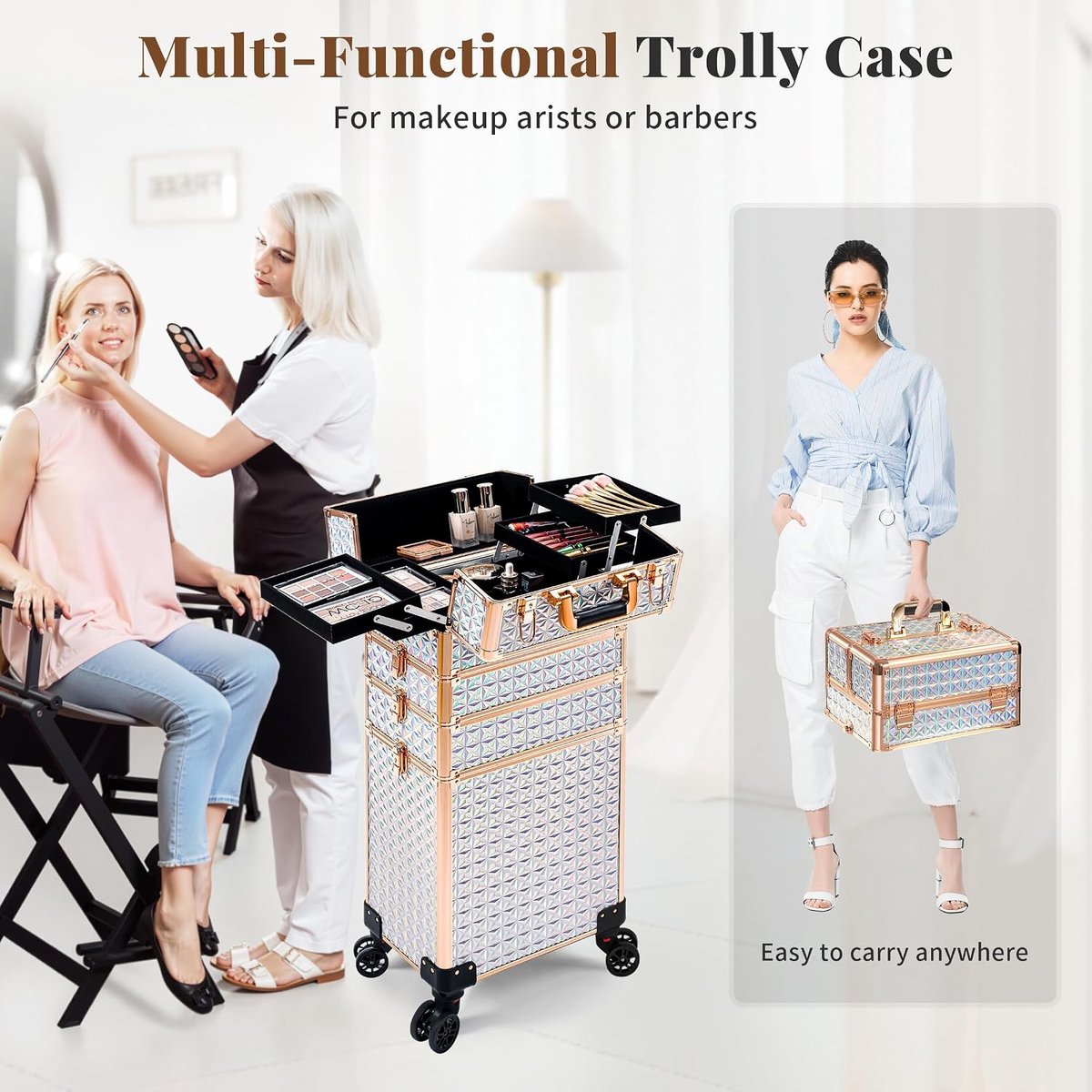 5-in-1 grote make-upkoffer voor dames, make-up beautytrolley op wielen, professionele grote make-upkoffer organizer, rolbox, nageltechnicus, koffer met sloten (wit)