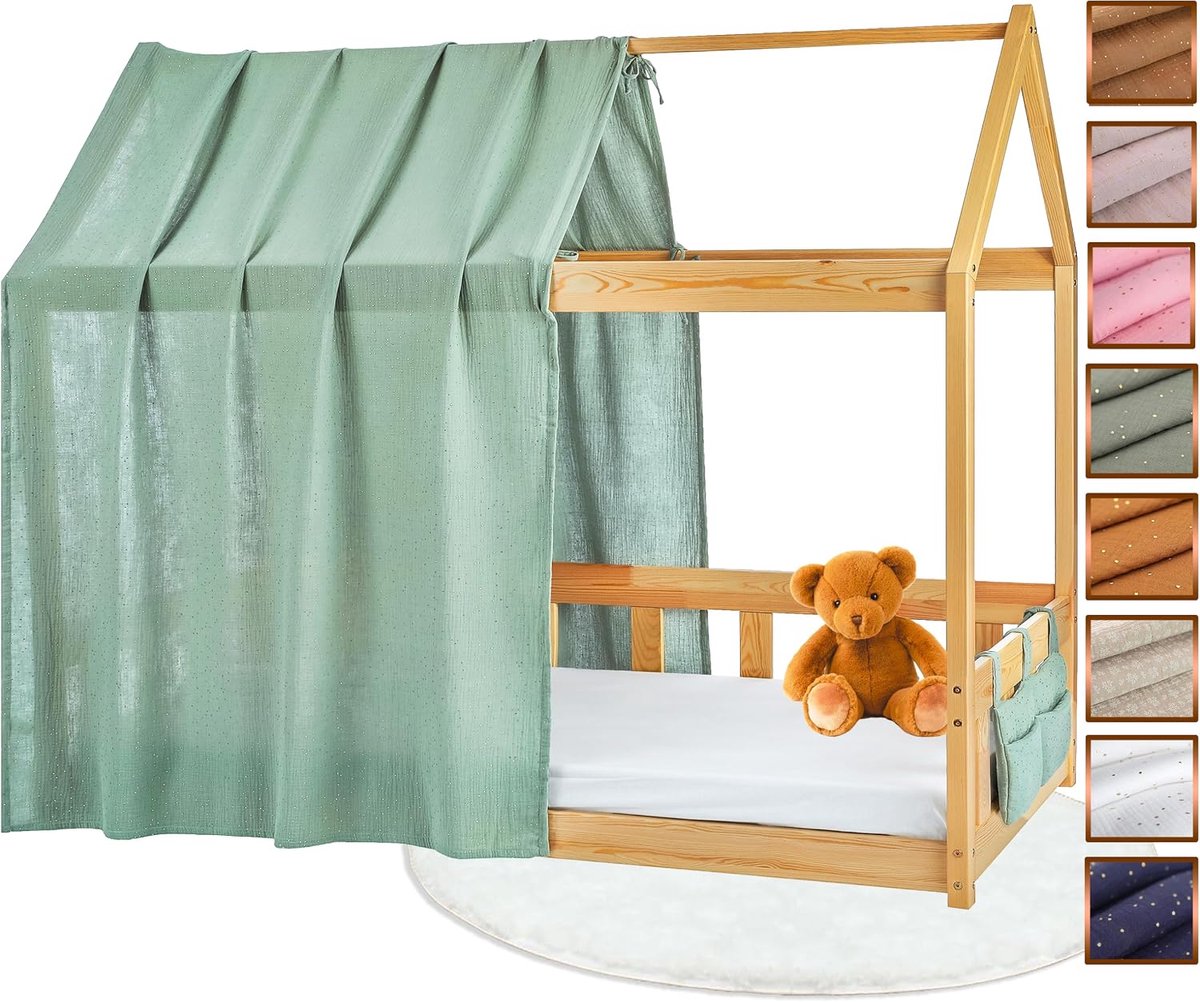 Beddoek voor cabine, 100% katoen, voor Montessori-bed, 80 x 160, 90 x 200 cm, Oeko-Tex-stof Gots (eucalyptus/goud + tas, 120 x 370 cm + opbergzak)