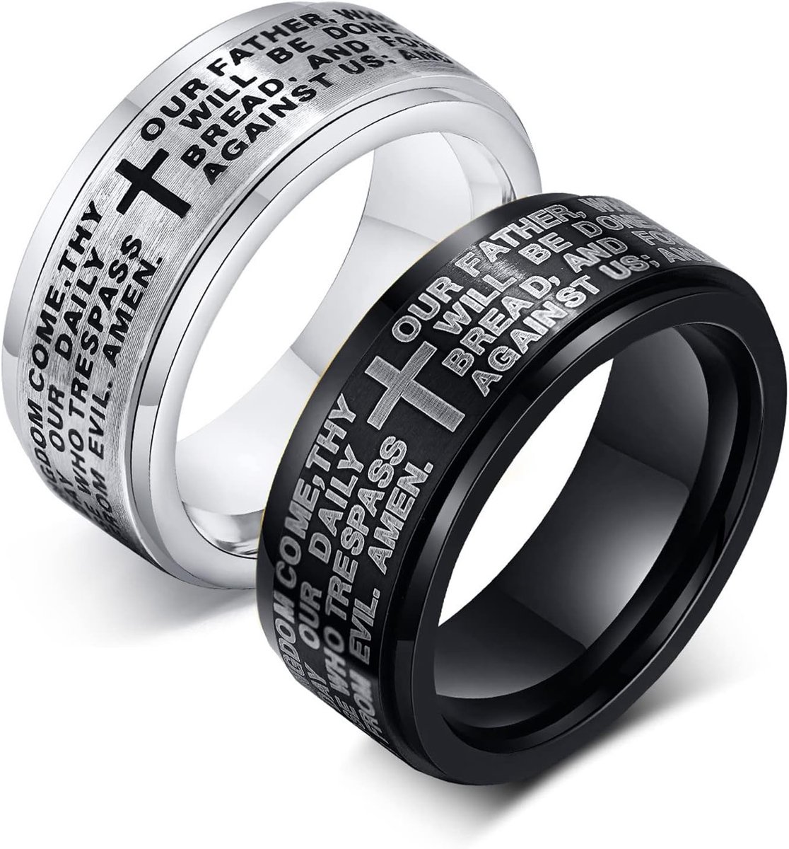 2 STKS Bijbel Cross Lord's Gebed Ringen 8 MM Breedte Draaibare Spinner Ring voor Mannen Rvs Stress Angst Ringen Band