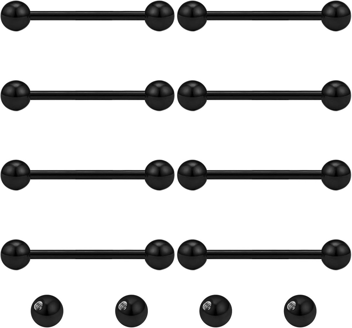 8 stuks tongtepelstangen en 4 stuks vervangende ballen 14G roestvrij staal metalen rechte barbell piercing sieraden zilver zwart 8/10/12/14/16/18/20mm