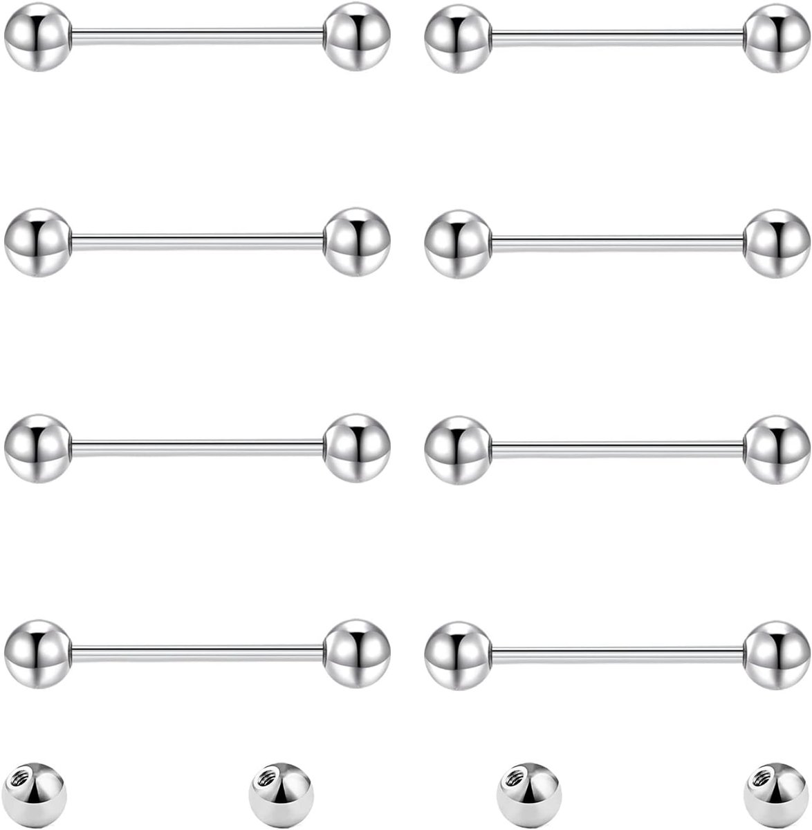 8 stuks tongtepelstangen en 4 stuks vervangende ballen 14G roestvrij staal metalen rechte barbell piercing sieraden zilver zwart 8/10/12/14/16/18/20mm
