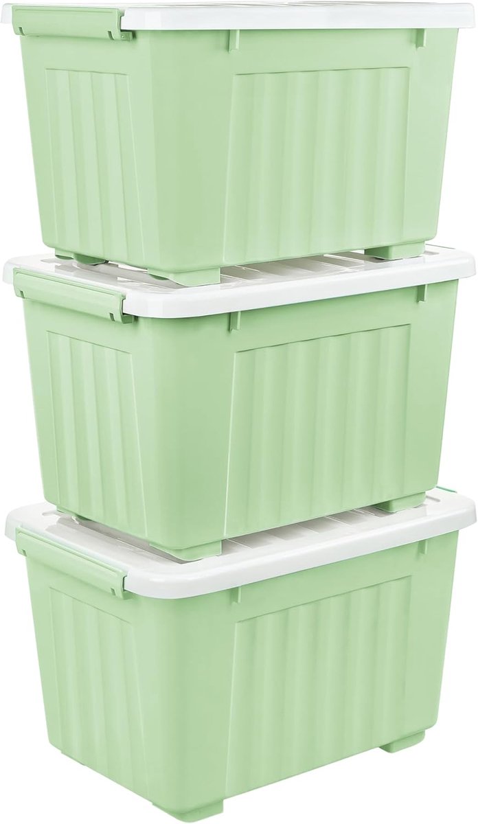 35L x 3 opbergdozen met deksels, plastic opbergdoos met wielen en veilige zijvergrendelingen, stapelbare en nestbare organizer voor thuis, kantoor, verhuizen, PP, groen, 35L-3 Pack