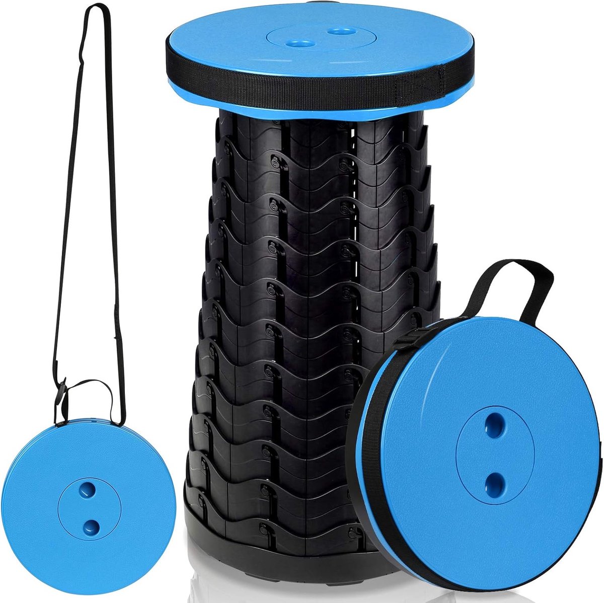 Draagbare klapkruk, campingkruk en telescopische kruk met verstelbare hoogte en draaggreep, belasting 150 kg, voor kamperen, wandelen, vissen, reizen, BBQ, blauw