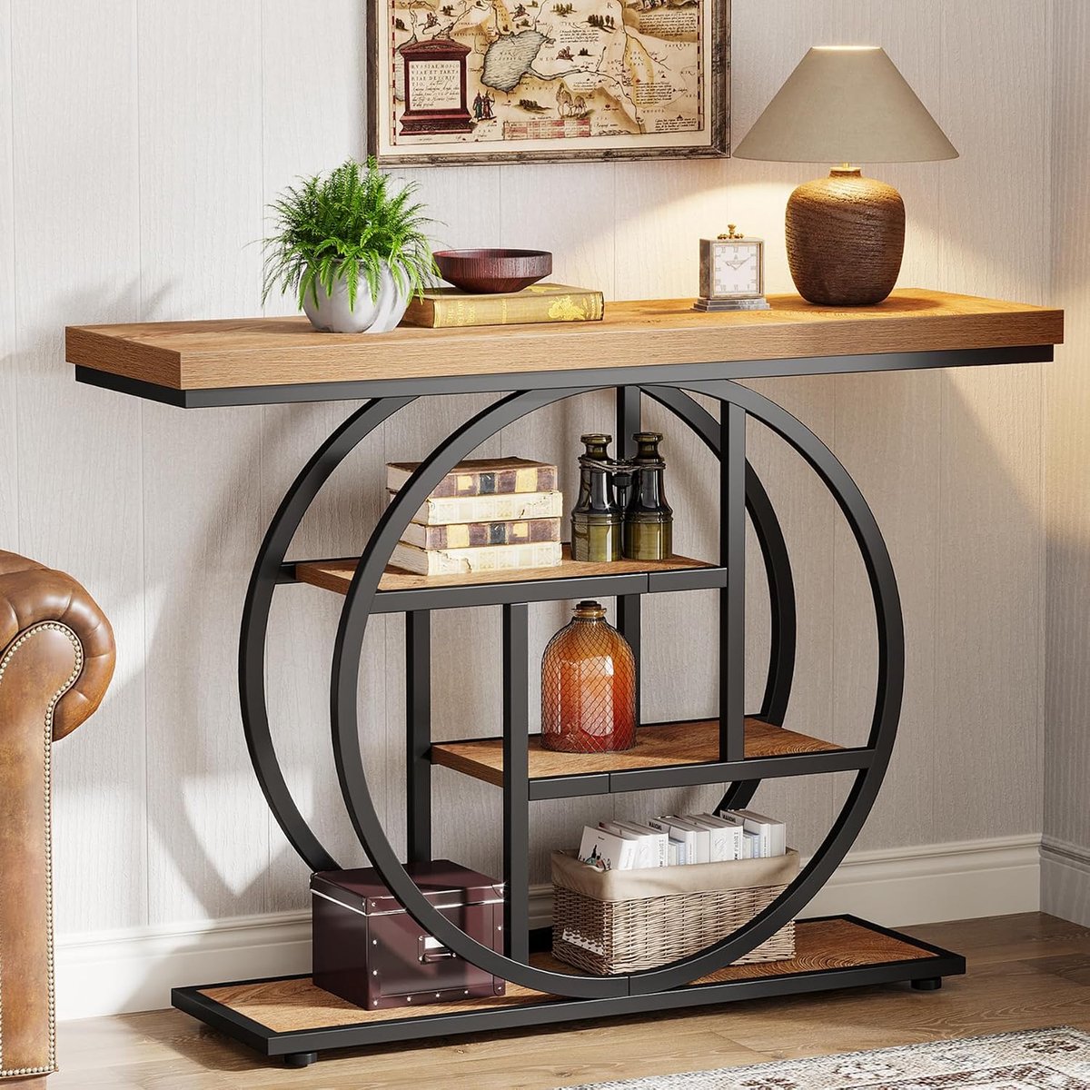 Consoletafel 105 Cm Met 4 Niveaus, Smalle Industriële Banktafel Met Rond Metalen Frame, Houten Ingangstafel Met Opbergrekken Voor Woonkamer (Lichtbruin)