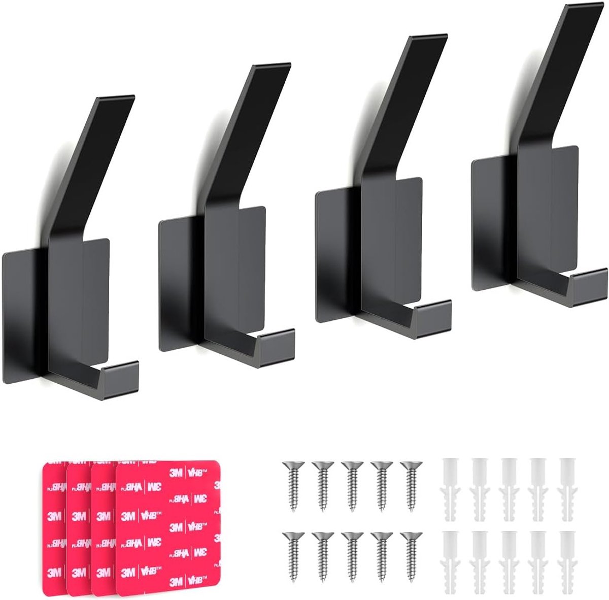 4 stuks kledinghaken, zelfklevende haken, badjas- en handdoekhaken met schroeven en extra sterk 3 m kleefoppervlak, metalen wandhaken voor badkamer, slaapkamer, woonkamer, hal, zwart