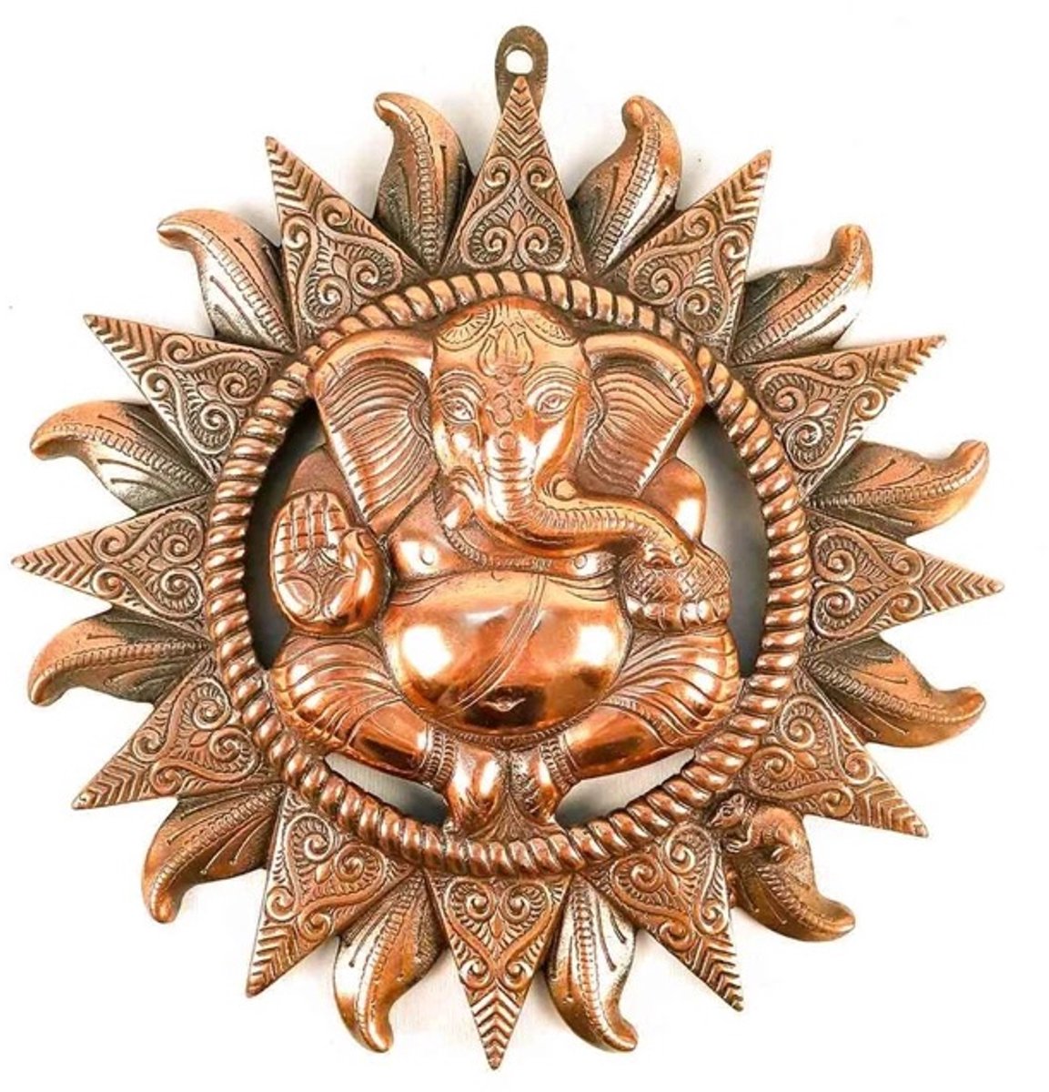 N3 Collecties Antieke koperen wanddecoratie met Ganesha-zonneburst motief