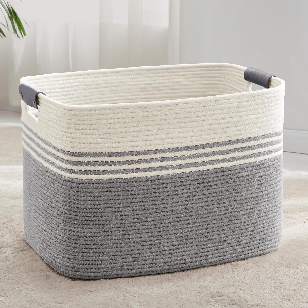 Geweven wasmand van katoenkoord, 100L, opbergmand met leren handvatten, mand voor dekens, kleding, speelgoed, wasmand voor kinderkamer of woonkamer, 60x40x40 cm, wit en grijs