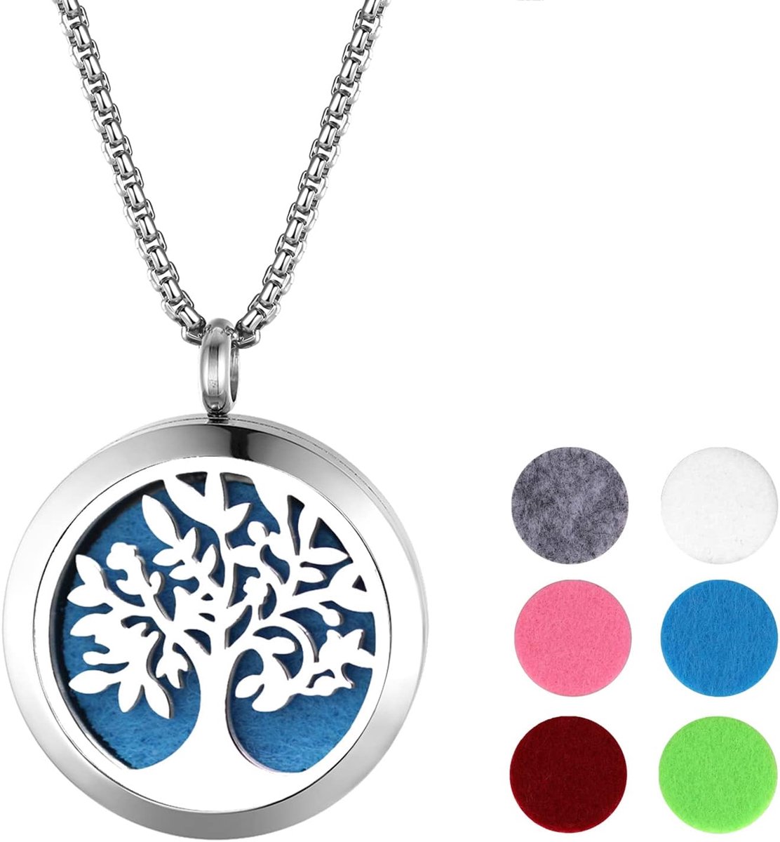 Damesketting met uitgeholde levensboom, rond openklapbare aromatherapie, fotolijst, roestvrij staal, hanger halsketting, Roestvrij staal