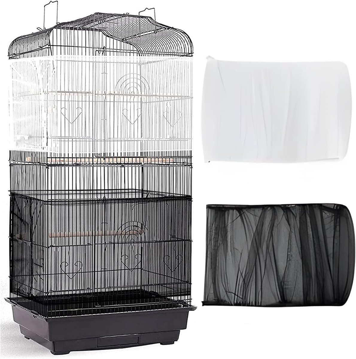 Vogelkooi afdekking, Extra Grote Vogelkooi Zaadvanger, Papegaaien Trekkoord Vogelvoer Kleine Dieren Net, Afdekking Rok Bescherming voor Ronde Vierkante Kooien (Zwart Wit)