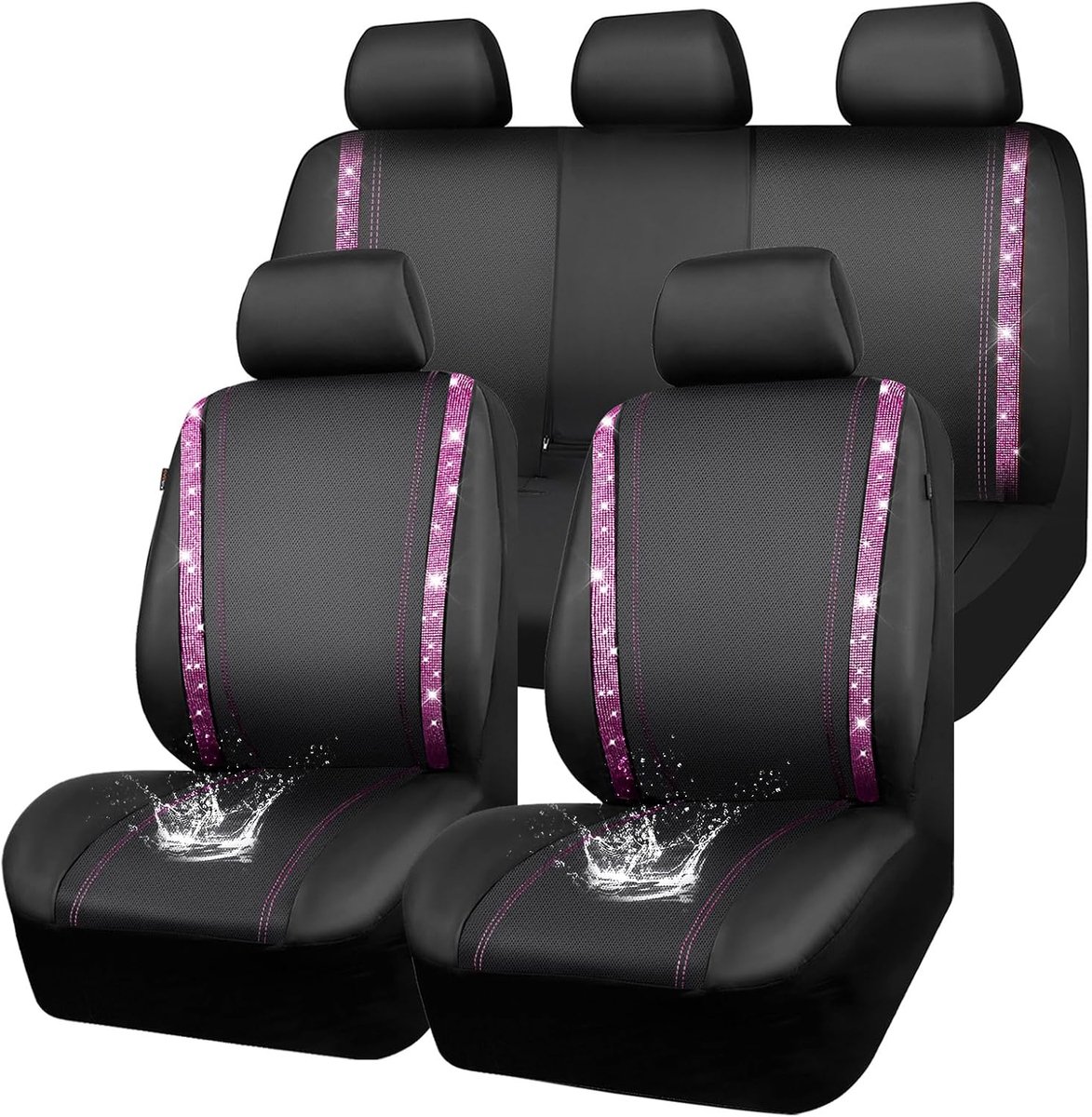 Autostoelhoezen van waterdicht leer, bling diamant, glanzend, fonkelend kristal, universeel voor 95% van alle auto's, vrachtwagens, SUV's, vrouwen en meisjes (complete set, roze)