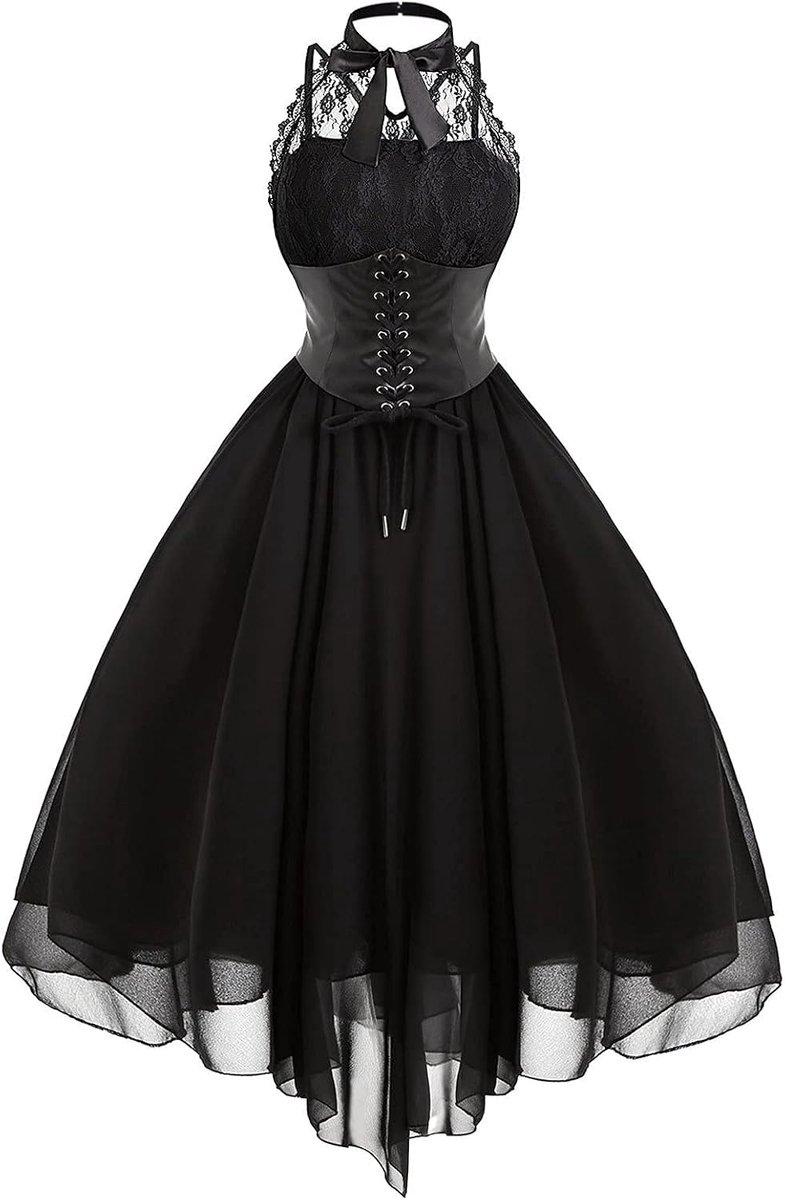 Mouwloos, gothic, kanten jurk, jaren '80, verkleedjurk, korset, halter, kant, swing, cocktail