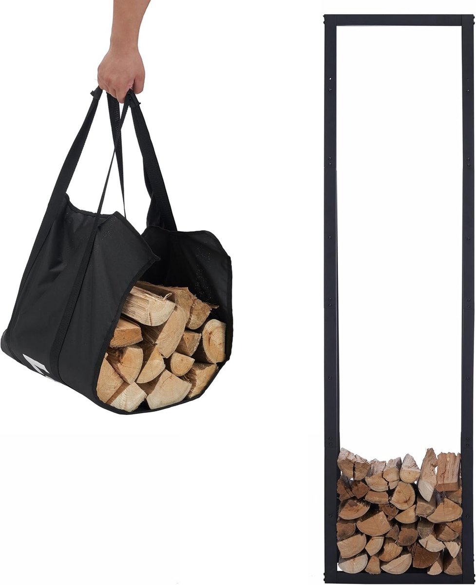 houtopslag rek 50x25x196cm - met draagtas - zwart metaal - geschikt voor binnen en buiten - SnelShoppen