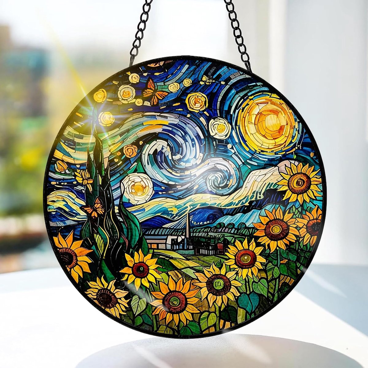 Sterrennacht Gekleurd Glas Hangend - Zonnebloem Hangende Raamdecoratie - voor Tuin, Raam en Deur, Verjaardag voor Vrouwen, Handgemaakte Suncatcher Decoratie 20x20 cm
