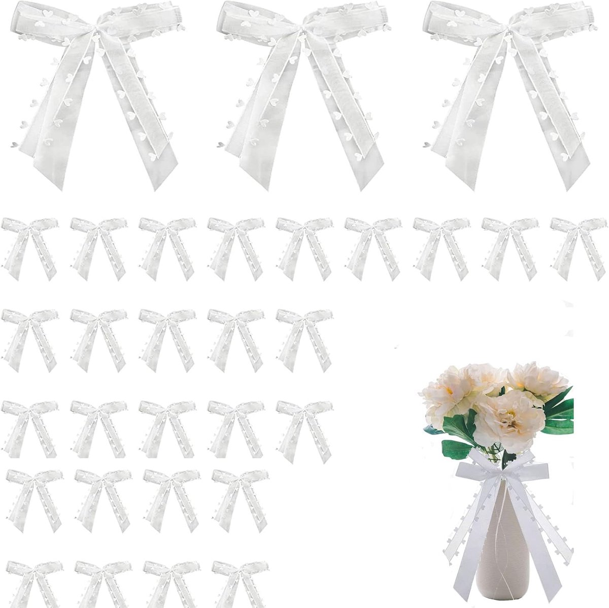30 Stuks Strikken Bruiloft Decoratie, Witte Boog Lint Vintage, Auto Decoratie voor Trouwauto en Banket (Wit)