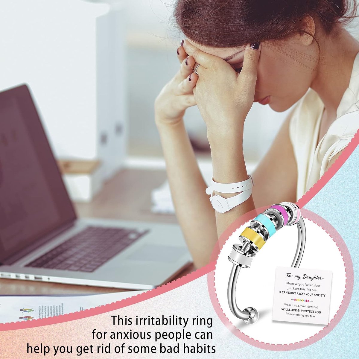 Fidget Ring Roestvrij Staal Verstelbare Open Angst Ringen Anti Stress Fidget Roterende Ringen met Multicolor Kralen voor Vrouwen Mannen Angst Verlichting