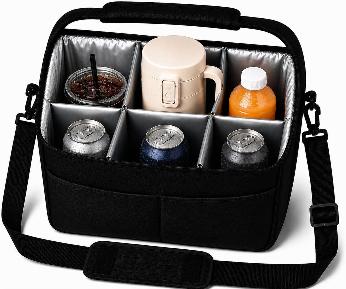 Drankendragertas voor hoge bekers en flessen, geïsoleerde dranktas met uitneembare scheidingswanden, schouderriem en voorvak, voor Bubble Tea, koffie to go en picknick, zwart-6