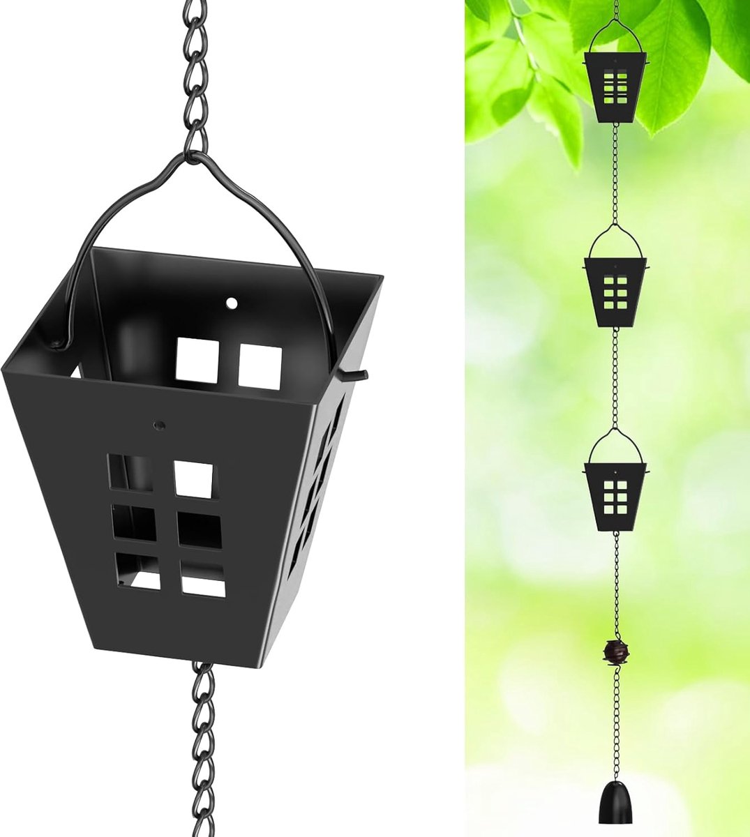 Regenwaterketting, dakgootketting, regenafvoerketting, hangende regenketting, dakgootdecoratie voor het afvoeren van water, voor de regenvanger buiten (zwart rooster)
