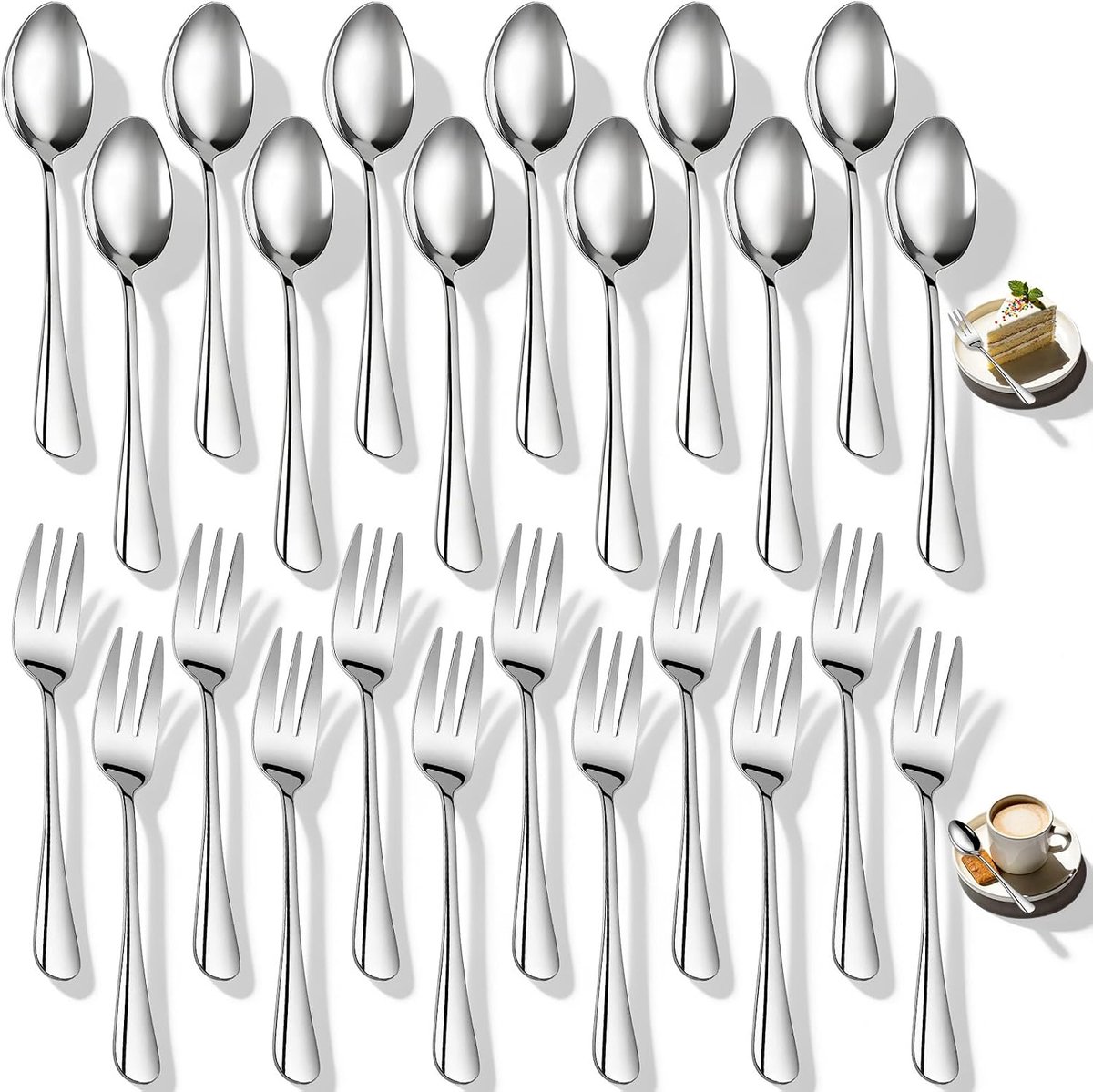 24-delige bestekset, 12 koffielepels en 12 dessertvorken, roestvrijstalen lepels, vaatwasmachinebestendig, klein bestek, set voor thuis, restaurant, feestjes